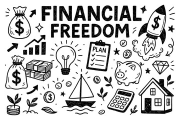Obraz premium Financial Freedom Doodle Concept, Hand Drawn Finance and Money Icons Set, Business Investment Sketch Illustration, Bank Saving Economy Symbols, Black White Graphic Elements, Transparent Background
