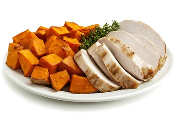 Plate of sliced turkey breast and roasted sweet potatoes for a healthy balanced meal
