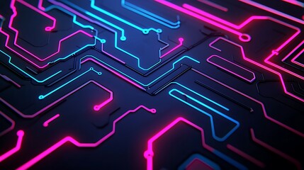Close-up of a futuristic printed circuit board with glowing neon pink and blue pathways on a dark background.