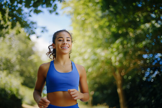 Happy teenager jogging in a park. Smiling young mixed race teenage girl exercising and wearing blue sportswear outdoors. School student being fit and active, fun fitness for young people