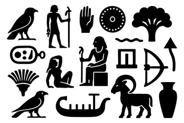 Ancient Egyptian hieroglyphic icons with pharaoh, scarab, pyramids, deities, and symbols in bold silhouette style, Transparent Background