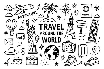 Travel Around the World Doodle Set, Hand Drawn Vacation and Tourism Icons, Adventure Landmark Passport Suitcase Illustration, Explore Journey Elements, Black White Transparent Background