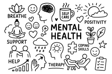 Mental Health Doodle Set, Hand Drawn Wellness and Self Care Icons, Therapy Mindfulness Positivity Support Illustration, Emotional Wellbeing Graphic Elements, Black White Transparent Background