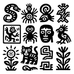 Black and white tribal Aztec and Mayan symbols, including animals, sun, deities, and abstract icons, bold silhouette style, Transparent Background