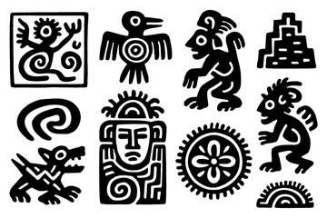 Black and white tribal Aztec and Mayan symbols, including animals, sun, deities, and abstract icons, bold silhouette style, Transparent Background