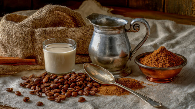 The composition captures a rustic arrangement with ground coffee, scattered beans, and a vintage spoon alongside a small pitcher of milk and cinnamon, all set on a burlap backdrop