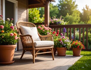Obraz premium Comfortable empty armchair on idyllic wooden terrace, colorful flowers in pots, sunny green garden.