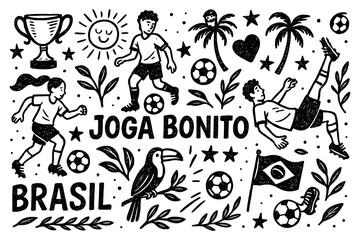Joga Bonito Brazil Football Doodle Set, Hand Drawn Soccer Players and Brazilian Culture Icons, Rio de Janeiro Carnival Sport Illustration, Fun Graphic Collection, Black White Transparent Background
