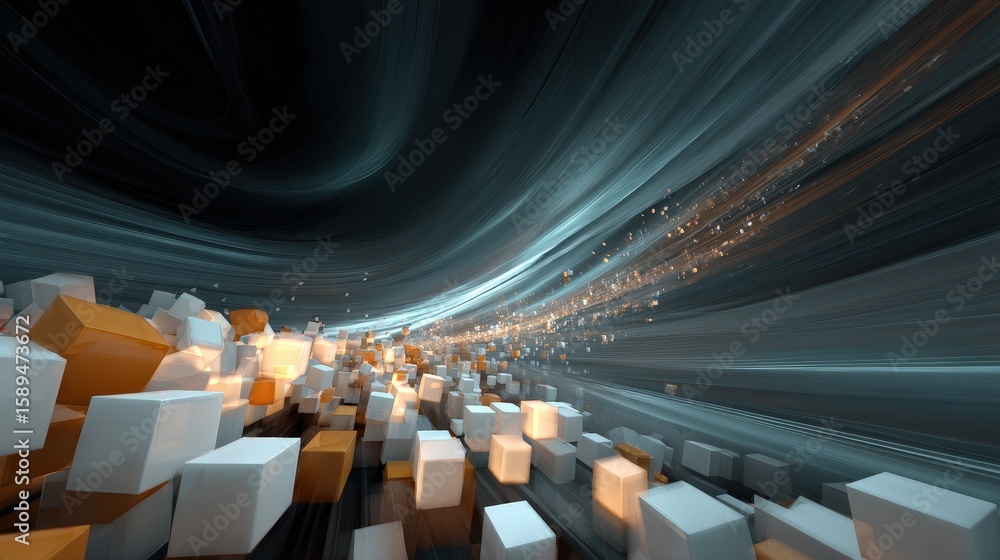 Poster a dynamic digital landscape of glowing cubes flowing through a futuristic tunnel, evoking high-tech 