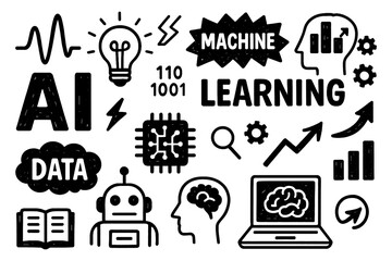 Artificial intelligence and machine learning icons in sketch style, Transparent Background