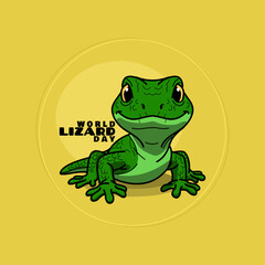 World Lizard Day to celebrate on August 14th. Illustration of a cute, smiling green lizard on a beige background. Animal event banner.