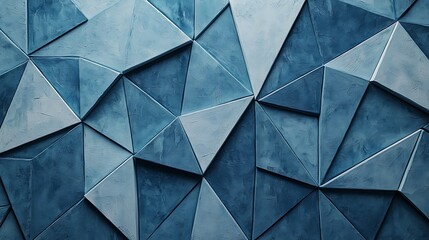 A close-up of a textured blue wall featuring geometric, angular triangular and polygonal shapes creating a modern abstract pattern.