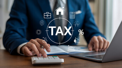 A professional business photo of tax preparation and financial analysis.