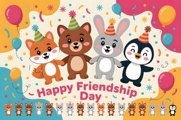 Fototapeta premium A group of cartoon animals celebrate happy friendship day with balloons