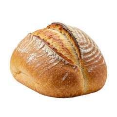 A large, freshly baked artisanal rustic bread loaf with a thick, golden-brown, textured crust, a distinct grigne, and flour dust, isolated on a transparent studio background with shadowless
