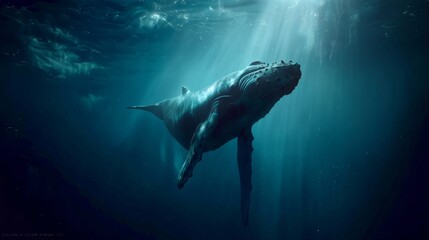 Humpback Whale Swimming Alone in Shallow Water Ocean Depths Marine Life Underwater Environment Serene Viewpoint Solitude Concept