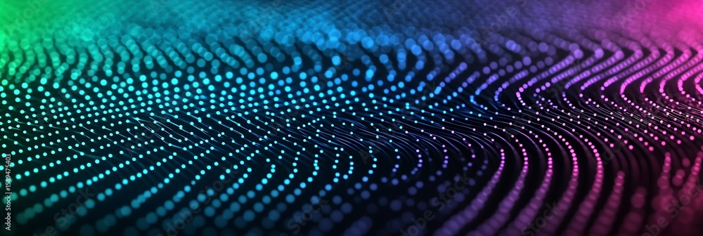 Poster abstract digital wave pattern with glowing blue, purple, and green dots creating a flowing, futurist