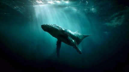 Humpback Whale Swims Alone in Shallow Water Ocean Depths Wildlife Photography Underwater Environment Dramatic Perspective
