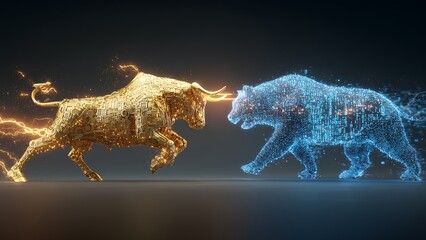 Bull vs Bear Market Concept — Futuristic Digital Wireframe Battle Symbolizing Stock Trends