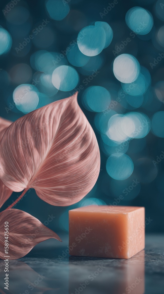 Poster a pink leaf and a smooth, peach-colored cube rest on a reflective surface against a background of bl