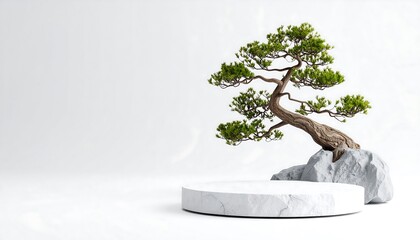 Bonsai tree on marble pedestal.