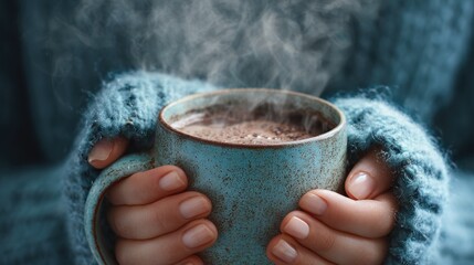 Warm hands hold a steaming mug