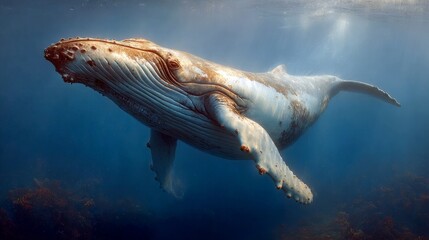Humpback Whale Swims Alone in Shallow Waters Ocean Depths Marine Life Photography Tranquil Environment Underwater Perspective