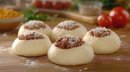 Fototapeta premium Baked goods, dough, filled with meat