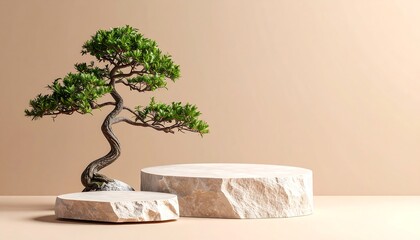 Bonsai tree on stone pedestal Beige background.