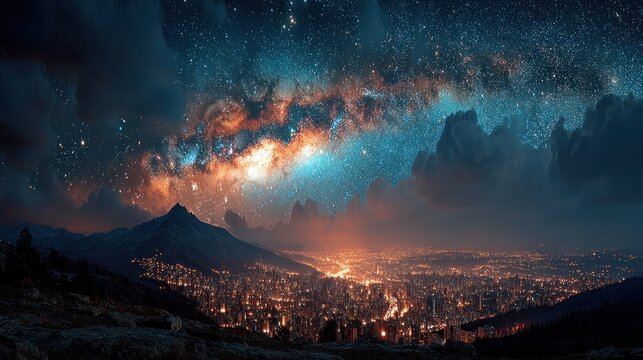 City panorama under a starry night sky