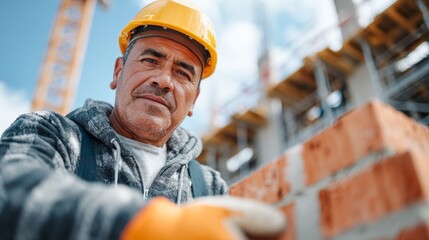 Skilled Brick Layer at Construction Site Latin America Industry Focus Urban Environment Close-Up View Craftsmanship Essence