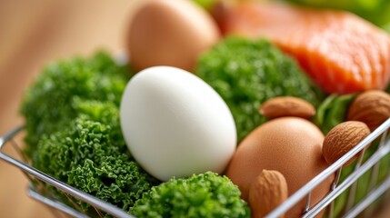 Healthy Low-Carb Diet Ingredients in a Basket Home Kitchen Food Photography Bright Lighting Healthy Living Concept