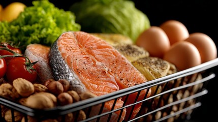 Healthy Low-Carb Meal Prep Salmon Eggs and Greens in a Culinary Basket Indoor Kitchen Gourmet Photography