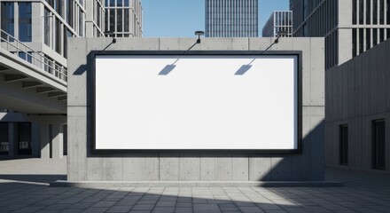A blank billboard is mounted on a concrete wall in a modern city