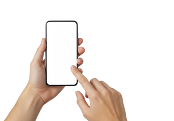 Two generic adult hands, one holding a modern smartphone vertically with a blank white screen, other index finger poised to swipe, against a transparent studio background with copy space, concept