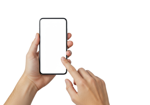 Two generic adult hands, one holding a modern smartphone vertically with a blank white screen, other index finger poised to swipe, against a transparent studio background with copy space, concept