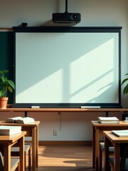 Empty classroom with wooden desks and a projector screen lit by natural sunlight through windows.