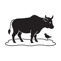 Buffalo Standing In River With Birds Flying