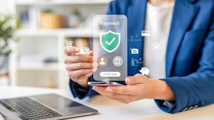 A digital payment interface screenshot overlaid on a blurred office desk setting.