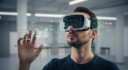 VR Experience Man Interacting with Holographic Data