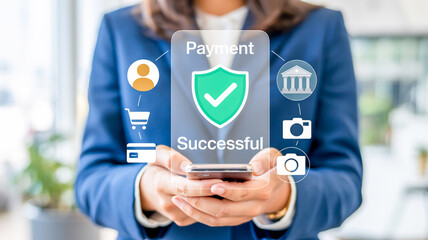 A digital payment interface screenshot overlaid on a blurred office desk setting.