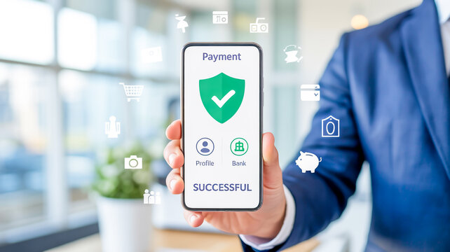 A digital payment interface screenshot overlaid on a blurred office desk setting.