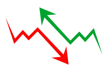 Red downward arrow and green upward arrow graphic on white background financial concept
