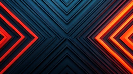 Abstract geometric design with interlocking layered chevrons in contrasting dark blue and vibrant orange tones.