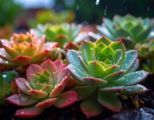 Succulents in a garden after rain