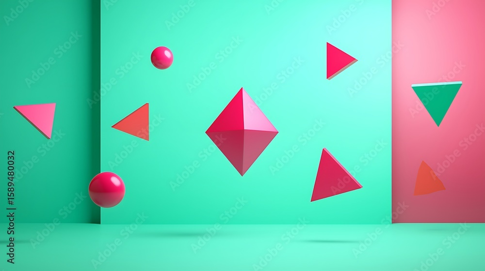 Poster a minimalistic 3d scene with various red geometric shapes floating against teal and pink walls and f