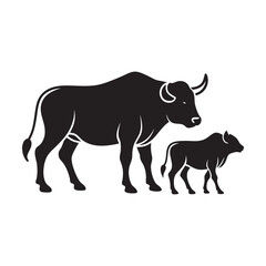 Buffalo And Calf Walking Silhouette Scene