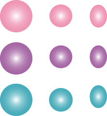 Three rows of colorful gradient spheres and ovals isolated on transparent background silhouette