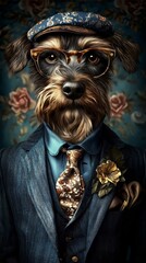 A stylish British Yorkshire dog in an elegant suit