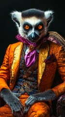 A stylish lemur monkey showcases elegance in a suit and tie.